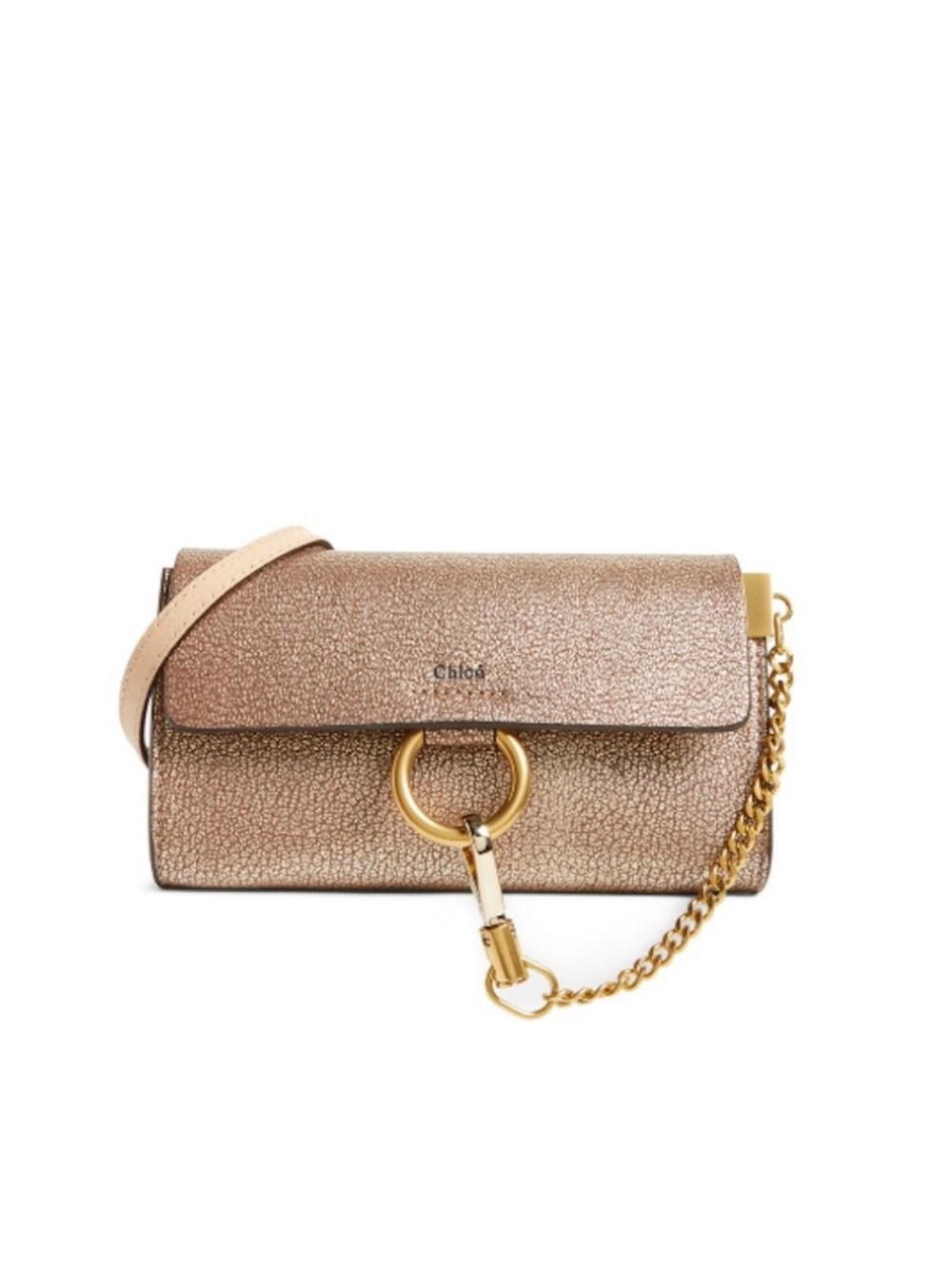 Chloe Metallic Rose Gold Crossbody Bag with Ring Accent